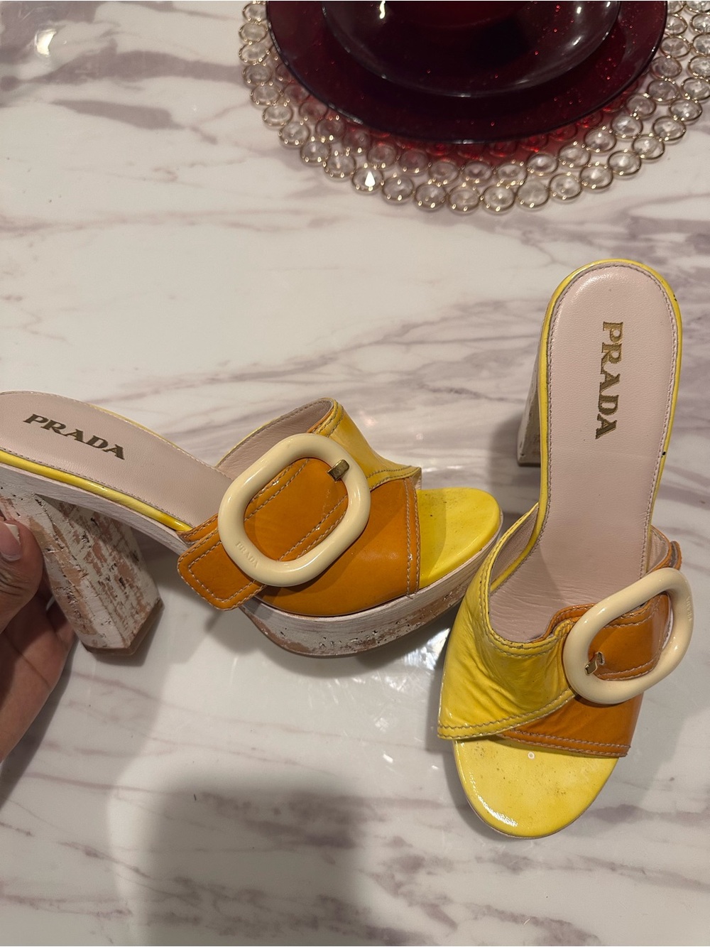 Vintage Prada Yellow and Orange Buckle Block Heel Mules